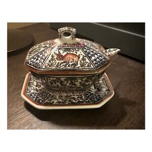 HAND PAINTED PORTUGUESE LIDDED TUREEN W/UNDERPLATE AND SPOON.